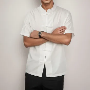 Мужская летняя рубашка Ice Silk С короткими рукавами, Свободная повседневная рубашка с пятью рукавами, Однотонный градиент цвета