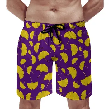 Пляжные шорты с принтом Гинкго Билоба, Гавайские плавки, желтая и фиолетовая Быстросохнущая спортивная одежда, Модные пляжные короткие штаны Оверсайз
