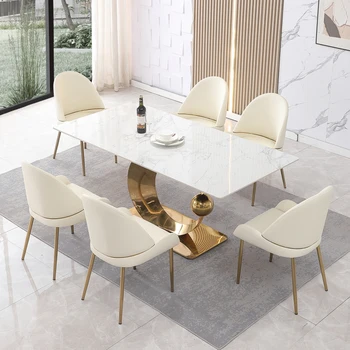 71-дюймовый Уникальный Мраморный обеденный стол с C-образными ножками белого цвета Carrara и круглой специальной формы подставкой из нержавеющей стали с Золотым основанием