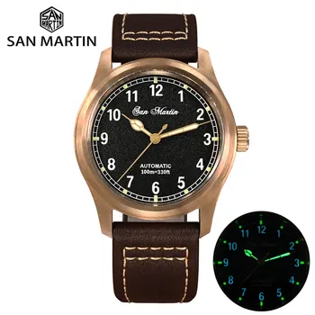 San Martin Новые мужские часы Cusn8 Бронзовый Винтажный военный простой стиль YN55 Автоматические механические наручные часы Кожа 100 м Водонепроницаемый