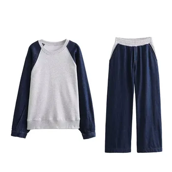Зимний женский спортивный комплект из двух предметов 2023 года, Новый повседневный пуловер с круглым вырезом, джинсовый свитер с высокой талией, широкие брюки, костюм