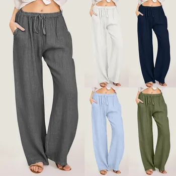 2023 Повседневные брюки из хлопка и льна, женские весенне-летние широкие брюки с завязками, женские однотонные прямые брюки с эластичной резинкой на талии.