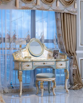 Элегантный французский дворец из массива дерева с росписью золотой фольгой, цветной росписью, рисово-белый, светло-голубой Туалетный столик, спальня