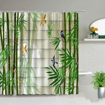 Серия зеленых бамбуковых декораций в китайском стиле Занавески для душа из водонепроницаемой ткани для ванной комнаты, комплект штор для ванны с крючками