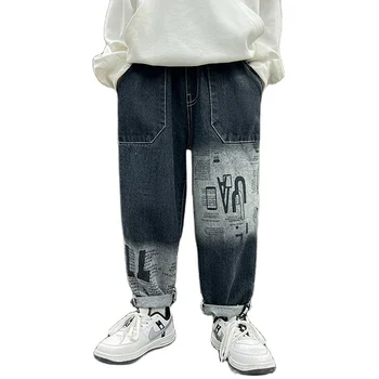 Джинсы с буквенным рисунком для мальчиков, джинсы для мальчиков в повседневном стиле, детские джинсы, весенне-осенняя детская одежда 6, 8, 10, 12, 14