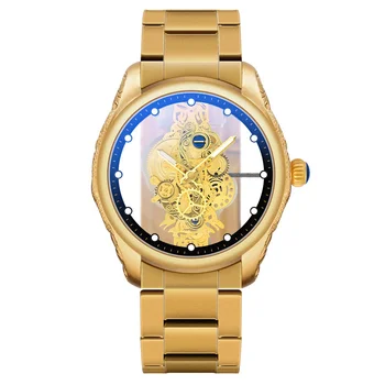 Кварцевые часы Мужские золотые часы с тиснением Модные деловые двухсторонние часы с полым ночным свечением на водонепроницаемом стальном ремешке Reloj Hombre