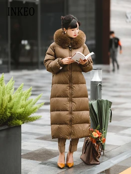 Высококачественная зимняя пуховая куртка с воротником из лисьего меха для женщин, Пушистая теплая Коллекция 2023 года, пуховик с капюшоном, Парки INKEO 3O199