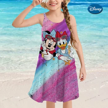Платье Принцессы с Рисунком Микки и Минни для девочек, Детская Одежда, 3D Платье с Рисунком Микки Мауса, от 2 до 14 лет, Пляжное Праздничное Платье