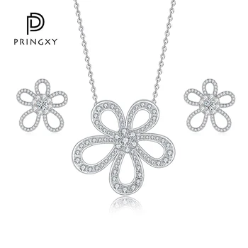 PRINGXY Новое роскошное ожерелье с высокоуглеродистым бриллиантом в виде цветка для женщин, набор ювелирных украшений из 100% стерлингового серебра 925 пробы, свадебный подарок