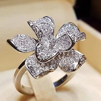 Новое кольцо с цветком CZ для женщин, роскошные обручальные кольца серебряного цвета, Эстетичное кольцо для вечеринок, Повседневная одежда, Элегантные аксессуары, ювелирные изделия