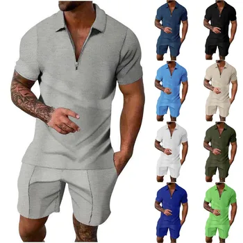Мужской летний дышащий комплект из двух частей с объемной футболкой и шортами на молнии против морщин