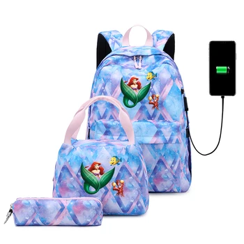 3 шт. Школьные сумки Disney The Little Mermaid для подростков, женщин, мужчин, дорожный рюкзак с USB-зарядкой, Mochila, наборы повседневных сумок для книг