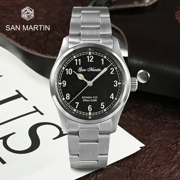 Роскошные мужские часы пилота San Martin 37 мм, циферблат с огненным узором RONDA 715, военный Простой Модный стиль, Кварцевый механизм со светящейся полосой 10
