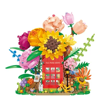 2023 Городское творчество Букет цветов Модель телефонной будки Строительные блоки Кирпичи Игрушки для детей подарок