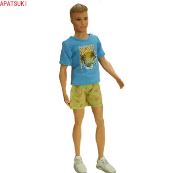 1/6 Модная кукольная одежда для мальчика Кена, наряды для кукол, синяя футболка и зеленые штаны в цветочек для парня Барби, аксессуары для кукол Кена