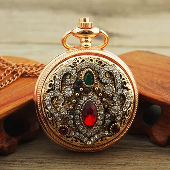 3 шт. Роскошные кварцевые карманные часы из розового золота с бриллиантами для мужчин и женщин, футляр с цветочной гравировкой, брелок, цепочка, ожерелье, часы