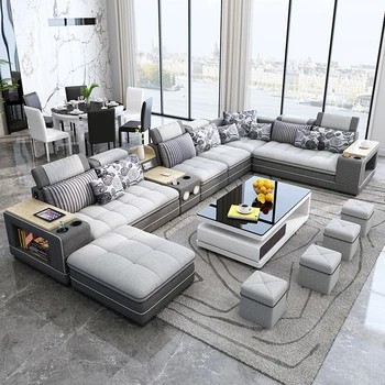 Современный тканевый диван MANBAS с акустической системой Bluetooth Диваны для гостиной, большой угловой тканевый диван U-образной формы с табуретками