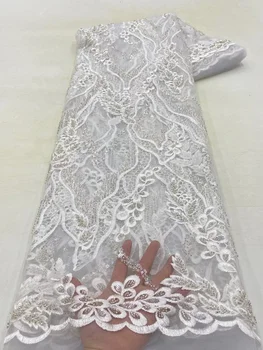 Кружевная ткань ручной работы из бисера для свадебных платьев, модные роскошные хрустальные бусины, 5 ярдов, высококачественная сетка из африканского тюля с блестками для новобрачных