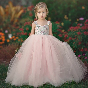 Платья с цветочным узором для девочек, Розовый пышный топ с цветочным узором на спине, без рукавов для свадьбы, дня рождения, банкета, платья принцессы для мусора