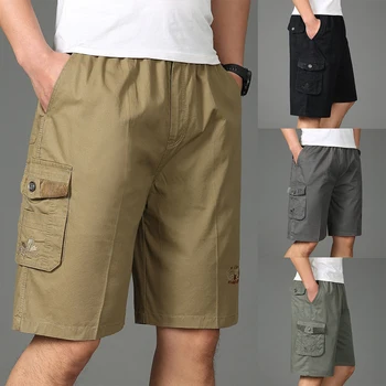 Летние мужские военные шорты с несколькими карманами, однотонные пляжные брюки на шнуровке с эластичным поясом, свободные рабочие брюки для отдыха, фитнеса