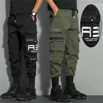 Новые мужские брюки-карго, брюки для бега в стиле хип-хоп, повседневные брюки с множеством карманов, Черно-зеленые спортивные штаны, уличная одежда, повседневные мужские брюки