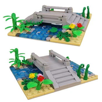 Городской парк, сцена MOC, завод, пруд с лотосами, вид на реку, мост, строительные блоки, игрушки, кирпичи, пастбище на ферме, совместимые с LEGO
