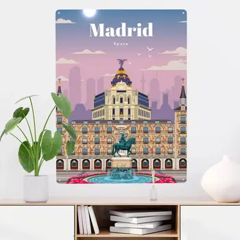 Путешествие в Мадрид Декор металлической жестяной вывески, Жестяная вывеска С предварительно просверленными отверстиями, красивый подарок на День рождения