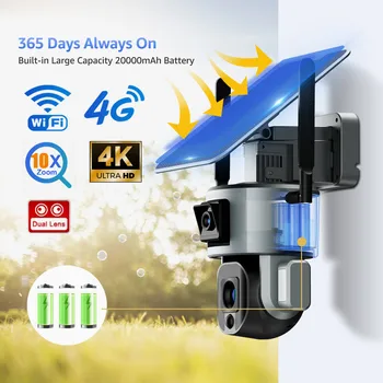 Солнечная камера 4G с двойным объективом и 10-кратным зумом, наружная Wi-Fi камера безопасности 4G, камера безопасности на солнечной энергии 4K HD, камера ночного видения с двусторонним разговором