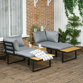 Комплект дивана для беседы на открытом воздухе с алюминиевой рамой из 3 частей, двумя диванными сиденьями и журнальным столиком с пластиковой столешницей под дерево, подушками