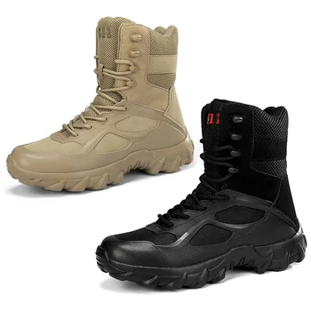 Мужские армейские кожаные ботинки до щиколотки, армейские ботинки на шнуровке и боковой молнии, треккинговые ботинки с высоким берцем для байкеров, военные подразделения