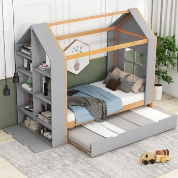 Кровать-платформа Twin Size House с полками для хранения и чемоданом Twin Size для мебели для спальни в помещении, серый