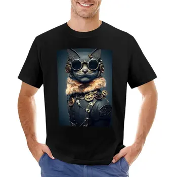 Футболка с котом в стиле стимпанк, одежда kawaii, футболки для тяжеловесов, футболки оверсайз, дизайнерские футболки для мужчин
