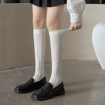 Летние тонкие нейлоновые длинные носки, чулки JK, гольфы до колена в японском стиле, девушка в стиле Лолиты, Кавайные милые однотонные черно-белые носки, чулки