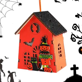 Мини-деревянный подвесной домик с фонарями на Хэллоуин, подвесные фонари на Хэллоуин, тыквенная лампа на батарейках для вечеринки в честь Хэллоуина