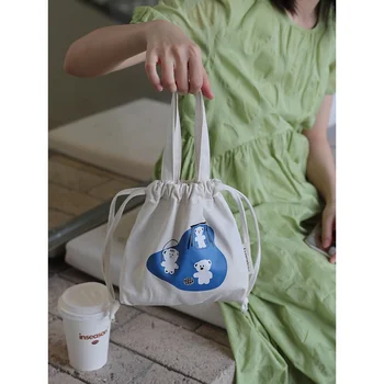 Милый Медведь Холщовая сумка Студенческая Женская сумка-ведро Японская портативная сумка на шнурке небольшой емкости