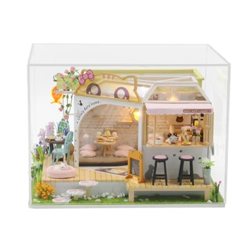 Миниатюрный кукольный домик своими руками с комплектом мебели со светодиодной подсветкой и пылезащитным покрытием, деревянная модель домика для кошек и кофейни, игрушки для девочек