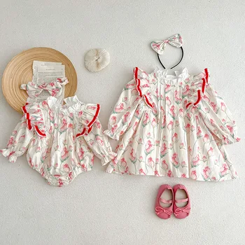 Платья для маленьких девочек с кружевными оборками 2023, новая осенняя одежда для сестер, комбинезон с длинными рукавами и цветочным рисунком, детское платье с цветочным рисунком, одежда для близнецов