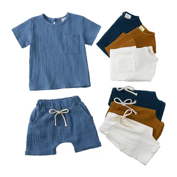 Летний комплект для мальчиков, муслиновая рубашка, шорты, комплект для детей