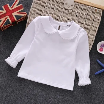Осенне-весенние рубашки для маленьких девочек, Хлопковые кружевные Белые футболки с длинными рукавами для девочек, Топы и блузки для малышей