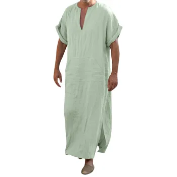 Мусульманский мужчина, Льняная длинная блузка с глубоким V-образным вырезом, Рубашки с короткими рукавами, мужские рубашки с высокими разрезами по низу, Однотонные повседневные модные блузки