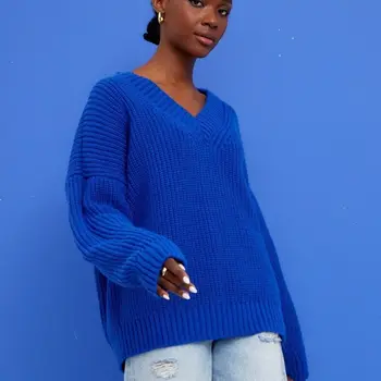 Осенне-зимний европейский и американский женский Новый 2023 Вязаный пуловер с V-образным вырезом, универсальный Простой Универсальный свитер для женщин