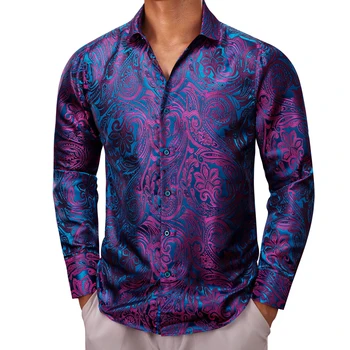 Дизайнерские рубашки для мужчин, Шелковые, с длинным рукавом, Фиолетово-синие, с узором Пейсли, Облегающие Мужские Блузки, Повседневные официальные топы, Дышащие Barry Wang