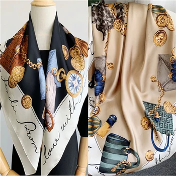 88 × 88 см 14 мм, 100% Шелк тутового шелкопряда, Атласный шарф для женщин, роскошный бренд, Квадратный размер, Дышащие шали с цифровым принтом на весну-осень