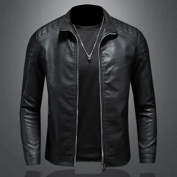 Весенне-осенняя мужская мотоциклетная куртка с однотонным вырезом Поло, модная повседневная куртка из искусственной кожи, высококачественная мужская кожаная куртка