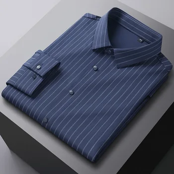 Высококачественная эластичная рубашка против морщин, мужские рубашки с длинным рукавом, деловая повседневная одежда в полоску, роскошная мужская одежда, рубашка-платье