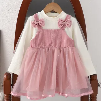 Весенне-осенняя одежда для маленьких девочек, платье с бантом и длинными рукавами, детский костюм для детской одежды, платья принцессы на 1-й день рождения