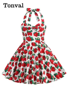 Милая детская одежда с принтом клубники и вишни Tonval, винтажное платье для девочек, летние платья принцессы для детских вечеринок на бретелях