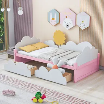 Двуспальная кровать с декором в виде облаков и подсолнухов, платформа с 2 выдвижными ящиками (белый + розовый)