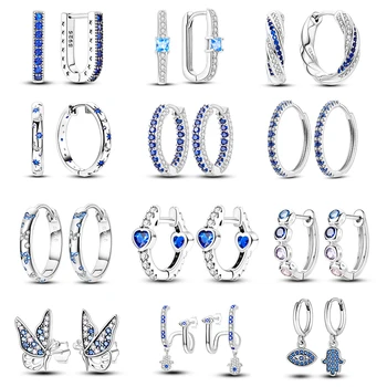 Женские серьги-кольца с синим цирконием, серебро 925 пробы, Оригинальные серьги Pave CZ Circle Evil Eyes, U-образные серьги, Звезда, Луна, Роскошный ювелирный подарок