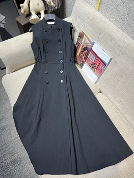 2023 Осеннее новое платье без рукавов в стиле ретро, высококачественная элегантность, Тонкое повседневное Черное женское длинное платье